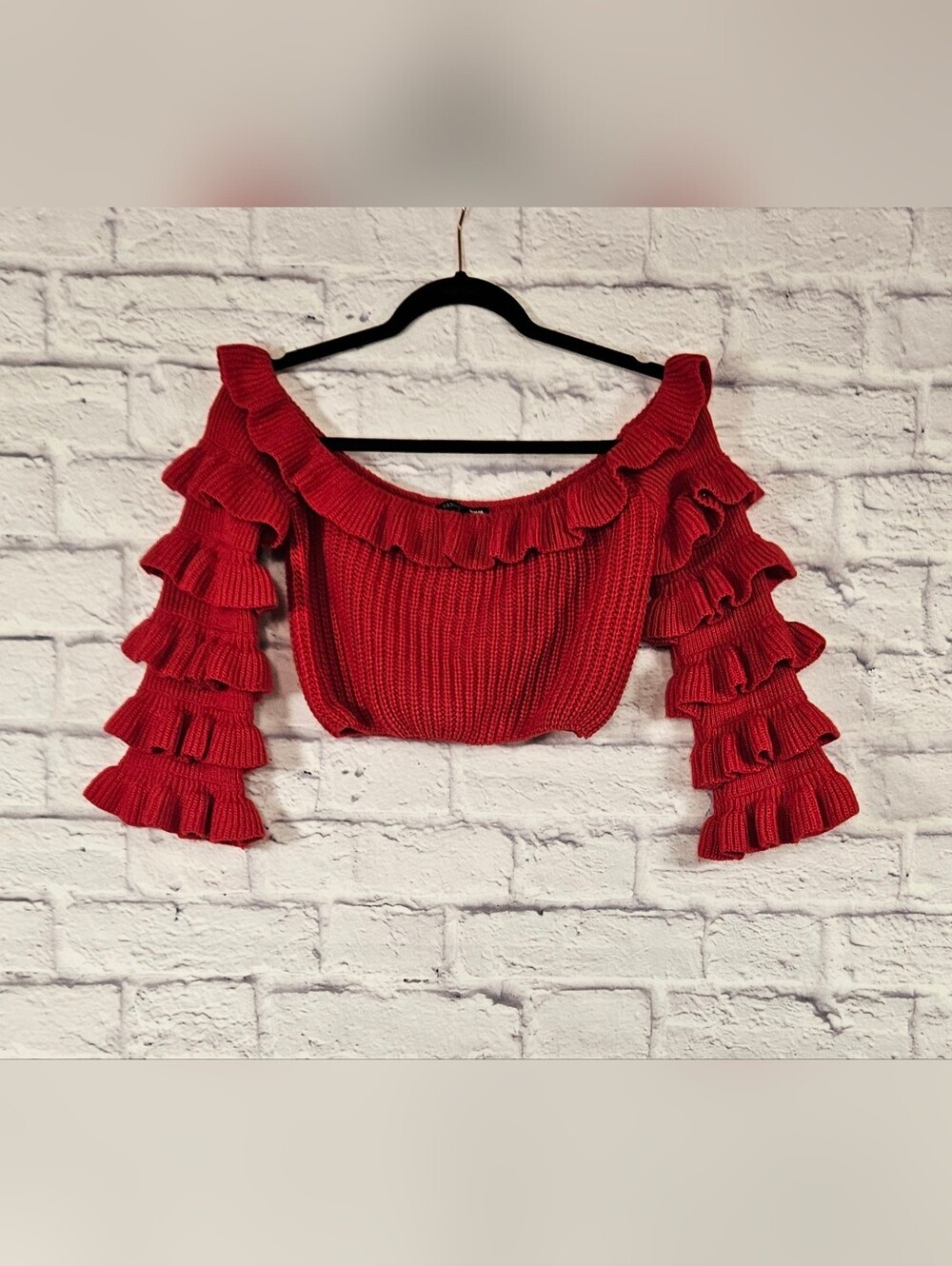 Fashion Nova Red Ruffle Sleeve Knit Crop Sweater Top Size Large